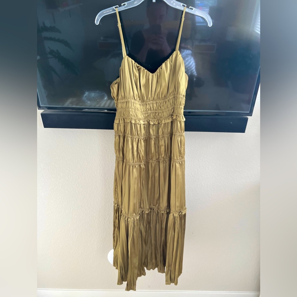 Green pleated midi dress